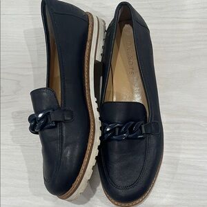 Talbots Navy Leather Loafers with Chain Accent